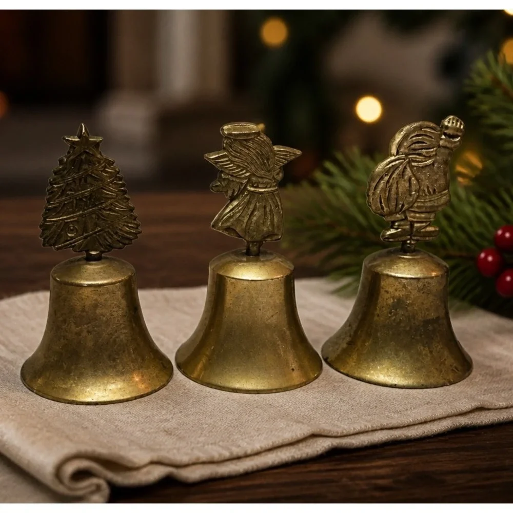 Vintage‎ Brass Handbells Festive Christmas Decor Bells W/ Santa, Angel, Tree